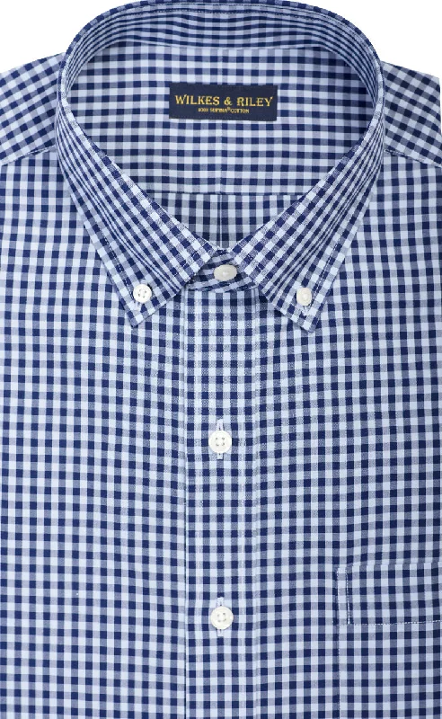 Slim Fit Navy & Sky Large Gingham Check Button Down Collar Supima® Cotton Non-Iron Broadcloth Classic Men's Pin