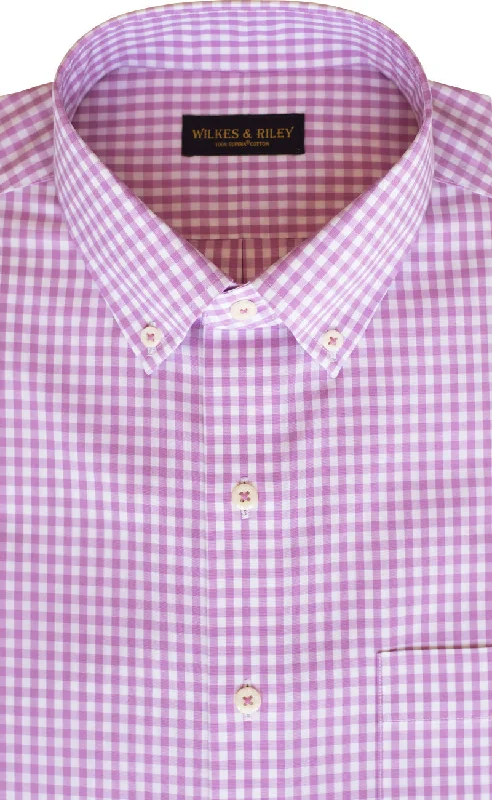 Classic Fit Pink Gingam Button-Down Collar Supima® Non-Iron Cotton Broadcloth Sport Shirt Dapper Men's 1920S