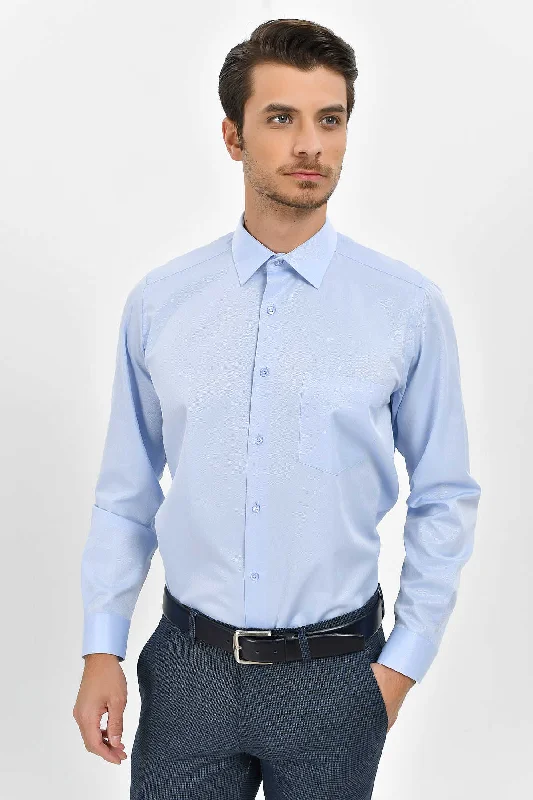 Classic Fit Long Sleeve Cotton Blend Blue Dress Shirt Trendy Men's Bucket