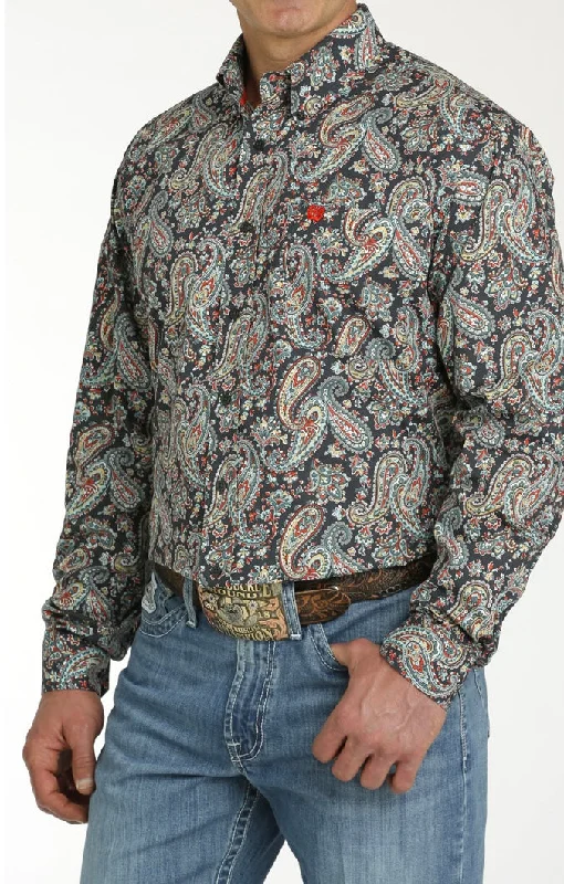 Cinch Men's Charcoal/Red & Turquoise Paisley Shirt Monochromatic Office Style