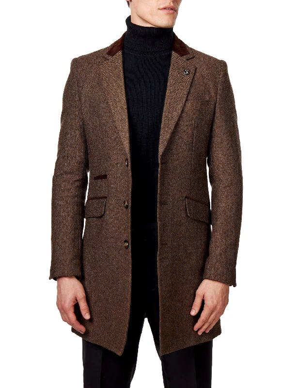 COSMO – BROWN HERRINGBONE WOOL BLEND LONG OVERCOAT Stylish Men's Neon