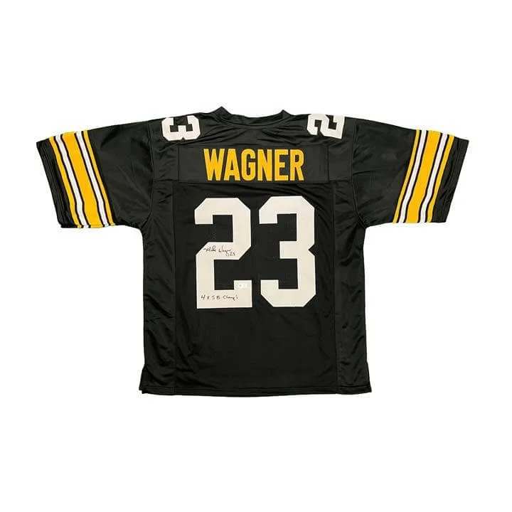 Mike Wagner Signed Custom Black Football Jersey with 4X SB Champs Youthful Men's Pop