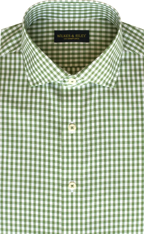 Slim Fit Green Gingham English Spread Collar Supima® Cotton Non-Iron Broadcloth Dress Shirt Cool Men's Skate