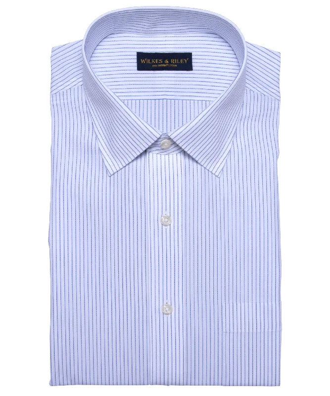 Classic Fit White Ground Blue Stripe Spread Collar Supima® Cotton Non-Iron Broadcloth Monochromatic Office Style