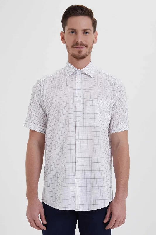 Classic Fit Short Sleeve Plaid Cotton White Dress Shirt Hip Men's Urban