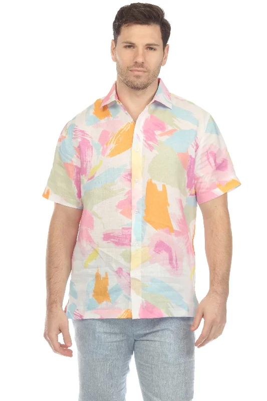 100% Linen Short Sleeve Pastel Abstract Print Shirt Athletic Men's High