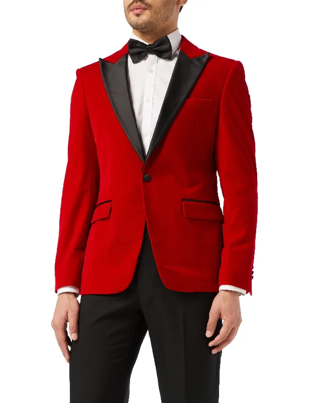 DINNER JES - Red Soft Velvet Tuxedo Jacket Cozy Men's Sherpa