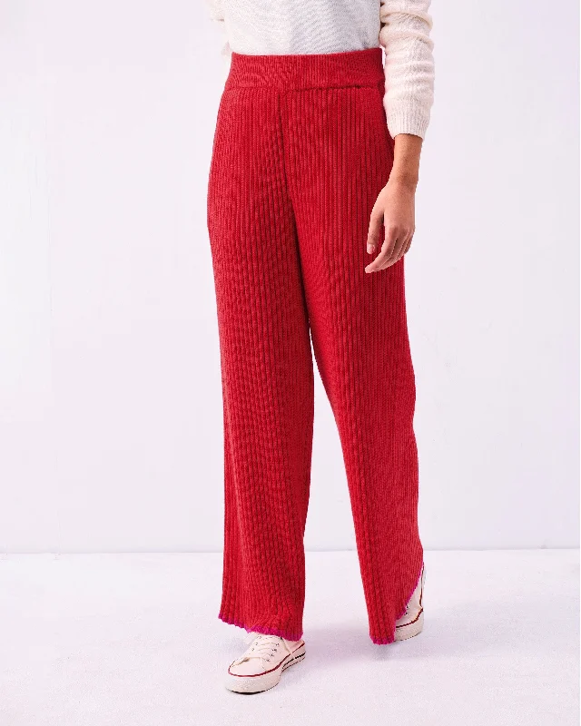 Ribbed Knit Trousers - Bright Red Laid