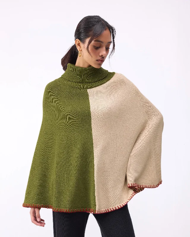 Alpine Poncho - Olive & Oatmeal Monochromatic Office Style